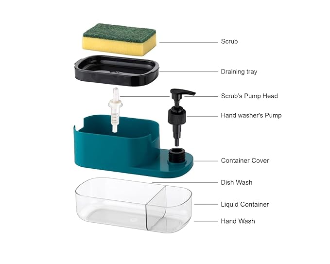 3 in 1 Soap Pump Dispenser Dish Soap Liquid Dispenser Sponge Holder Dish Soap Pump Dispenser for Kitchen Sink Countertop Kitchen Bathroom (Multi-Color)