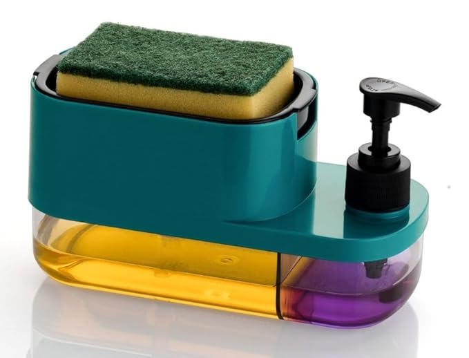 3 in 1 Soap Pump Dispenser Dish Soap Liquid Dispenser Sponge Holder Dish Soap Pump Dispenser for Kitchen Sink Countertop Kitchen Bathroom (Multi-Color)