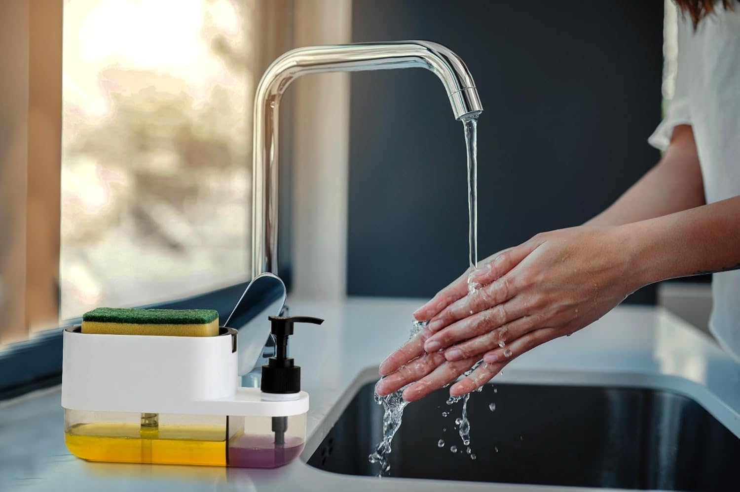 3 in 1 Soap Pump Dispenser Dish Soap Liquid Dispenser Sponge Holder Dish Soap Pump Dispenser for Kitchen Sink Countertop Kitchen Bathroom (Multi-Color)