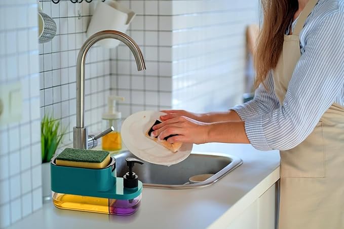 3 in 1 Soap Pump Dispenser Dish Soap Liquid Dispenser Sponge Holder Dish Soap Pump Dispenser for Kitchen Sink Countertop Kitchen Bathroom (Multi-Color)